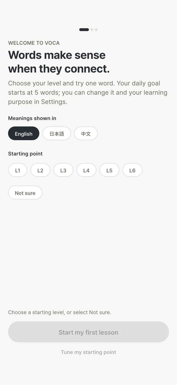 Tago Voca learning goal, level and language setup